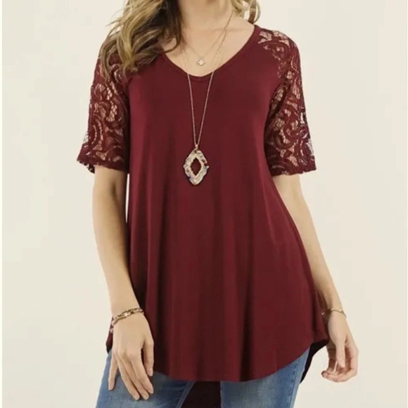 Zenana Signature Lace Sleeve Tee - Picture 1 of 7
